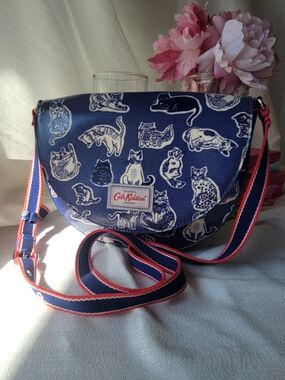 Cath Kidston Coated Canvas Navy Cat Print Crossbody Bag